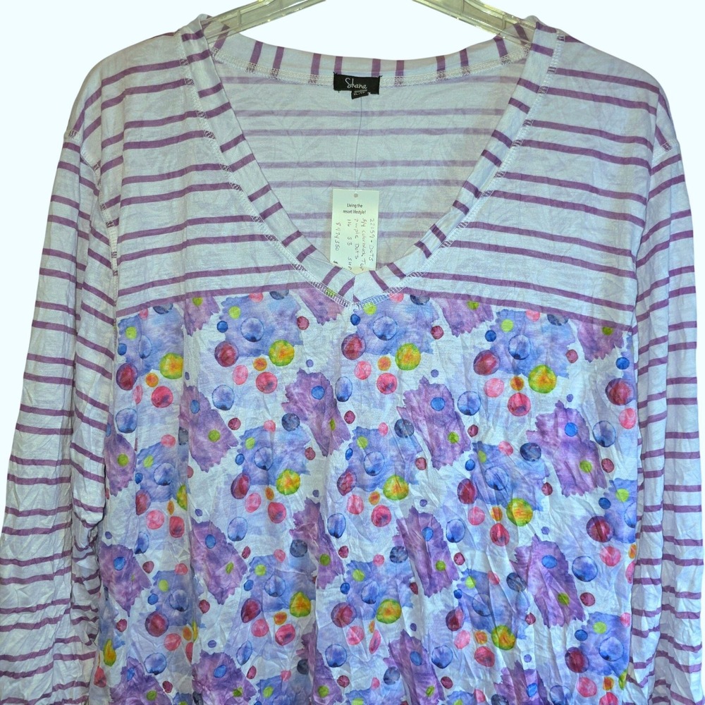 Shana Floral Stripe 3/4 Sleeve V-Neck Tunic Top XL Purple Blue3/ - Picture 10 of 15